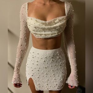 OH POLLY White embellished long sleeve top and mini skirt set